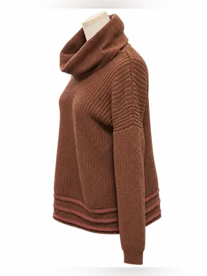 prAna Wool Blend Cowl Neck Sweater Medium Brown Striped Hem Pullover thumbnail 2
