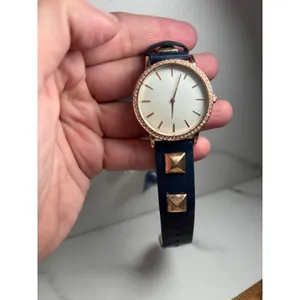 Womens Rose Gold Crystal Bezel Watch Navy Blue Studded Strap Fashion‎ Timepiece thumbnail 3