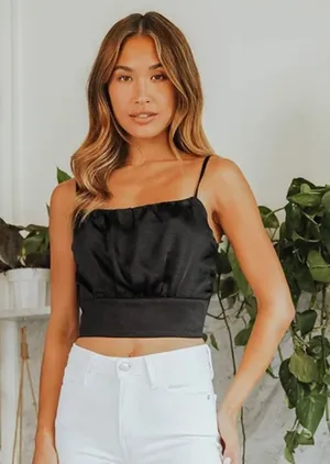 Lulus -385 NWT Luxe'd Out Black Satin‎ Cropped Tank Top Women's Size Large thumbnail 1