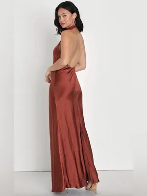 Lulus NWT Women Large Rusty Brown Halter Satin Maxi Dress thumbnail 3