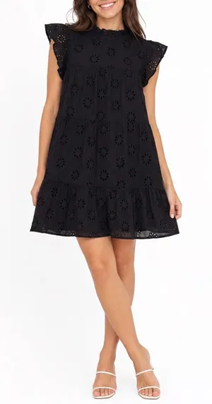 Entro Black Floral Eyelet Tiered Mini Dress Ruffle High Neck L thumbnail 1