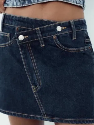 Zara dark wash crossover waist denim mini skirt size small thumbnail 3