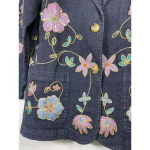 Vtg Maggie Sweet‎ Jean Blazer Jacket Women M Black Floral Embroidered Sequin Art thumbnail 3