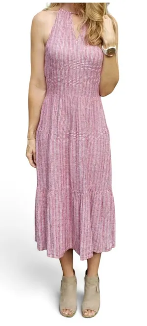Universal Thread Womens Red Pink Striped Linen Blend Halter Tiered‎ Midi Dress S thumbnail 1