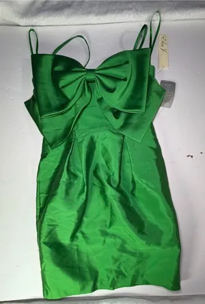Eliza J Kelly Green Mini Dress with Statement Bow broken zipper 34 inches long thumbnail 1