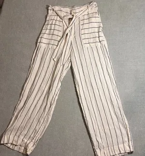 HALSTON Women's Wide Leg 100% Linen Pants Cream Navy Stripe Tie‎ Waist Size 10 thumbnail 1