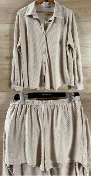 EKOUAER Beige Dot-Textured Button-Front Lounge Set NWT Large thumbnail 1