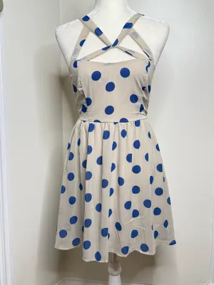 Lottie & Holly Polka Dot Fit & Flare Dress Size 8 Beige Blue Criss Cross Straps thumbnail 3