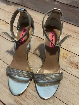 Betsey Johnson Broadway Silver Satin Crystal Ankle Strap 4" Heel Pumps Size 7 thumbnail 1