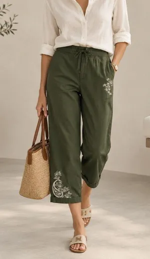 Palm Rio Womens Olive Green Floral Embroidered Cropped Jogger Pants Size M thumbnail 1