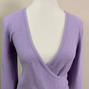 Aerie Lavender Purple Waffle Knit Faux Wrap Long Sleeve Top V-Neck Medium thumbnail 4