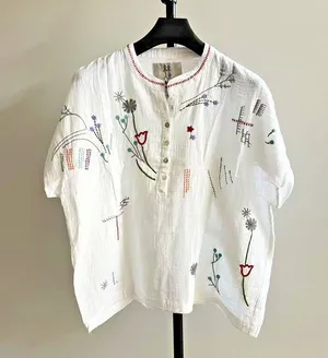 NWOT Johnny Was Cotton Embroidered Short Sleeve Blouse Boho Chic White Size M thumbnail 1