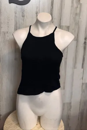 Final Touch High Neck Crinkle Ribbed Cami Crop Top Womens Small Black USA thumbnail 1