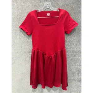 OQQ Mini Dress Womens Medium Red Ribbed Square Neck Fit & Flare Short Sleeve‎ thumbnail 2