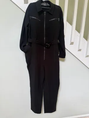 Findi Women's Black Long-Sleeve Zip Front Jumpsuit with Waist Tie thumbnail 5