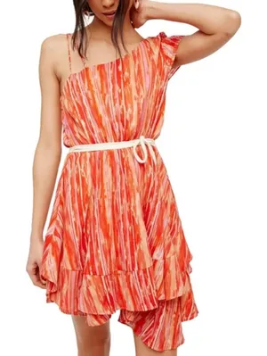 Free‎ People Heart Shaped Face Mini Dress Orange Pink One Shoulder Size Large thumbnail 1