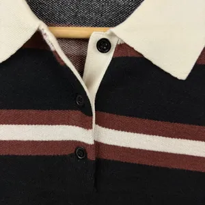 Tankaneo Women Black Brown Striped Long Sleeve Polo Knit Sweater M7D849 Size S thumbnail 4