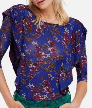 Free People Blue Floral Ruffle boho whimsi‎ dainty cottage top shirt blue Medium thumbnail 1