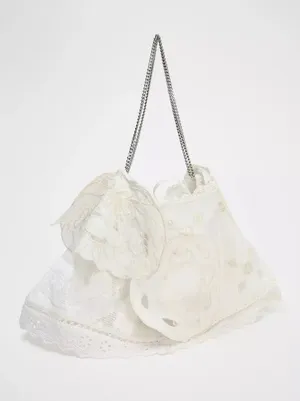 Zara Cream Lace Appliqué Shoulder Bag with Chain Strap Bohemian Summer Vacation thumbnail 1