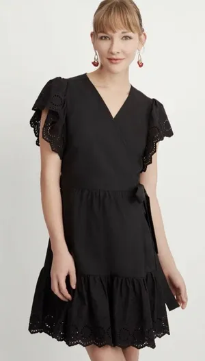 Maette Black Eyelet Cotton Poplin Wrap Mini Dress NWT thumbnail 1