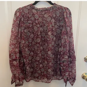 Loft Womens Burgundy Floral Clip Dot Ruffle Sleeve Tie Neck Blouse Size M thumbnail 6