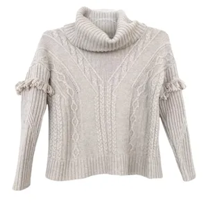Artisan NY Wool Blend Tan Knit Turtleneck Sweater Fringe Sz M thumbnail 6
