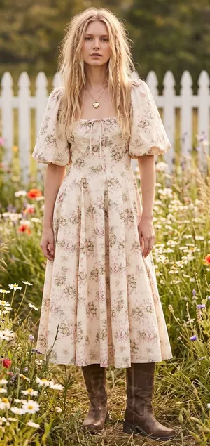 Selkie Coquette Fairytale Princess Floral Puff Sleeve Midi Day Dress Size Medium thumbnail 1