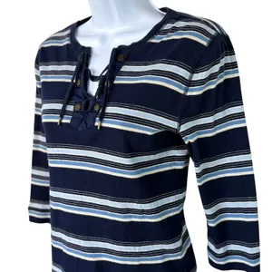 Vintage LRL Lauren Jeans Co Ralph Lauren Striped Lace Up 3/4 Sleeve Top Women S‎ thumbnail 2