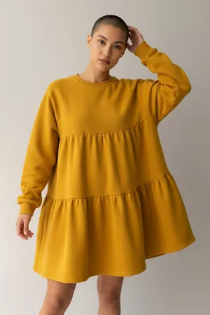 Karlie Mustard Yellow Sweatshirt Dress Tiered Ruffle Cotton Medium thumbnail 1