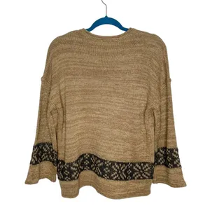 Hem & Thread Tan Knit Gray Fair Isle Stripe 3/4 Length Sleeve Sweater thumbnail 9
