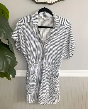 Blue White Stripe Lined Blend Button Down Shirt Short Romper Jumpsuit thumbnail 3