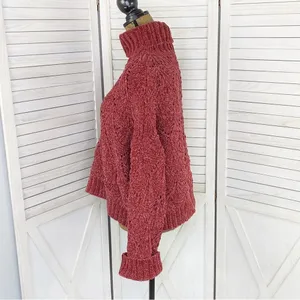 POL Chenille‎ Chunky Knit Turtleneck Crop Pullover Maroon Red Medium thumbnail 3