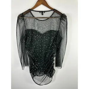Express Black Celestial Star Ruched Top Sheer Long Sleeve Whimsigoth Y2K Indie‎ thumbnail 6