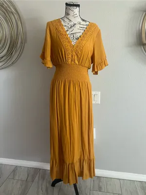 Smocked-Waist Mustard Maxi Dress with V-Neck and Flutter Sleeves thumbnail 4