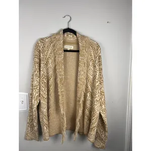 Women's Lucky Brand Tan White Patterned Fringe Cardigan M Boho Festival thumbnail 2