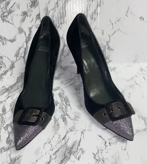 Stuart Weitzman Barrington Black Purple Glitter Buckle Heels Women's Size 9 thumbnail 1