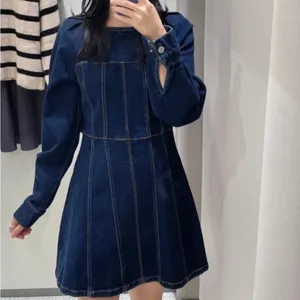 ZARA DARK WASH DENIM LONG SLEEVE MINI DRESS deep indigo fit flare women’s‎ small thumbnail 2