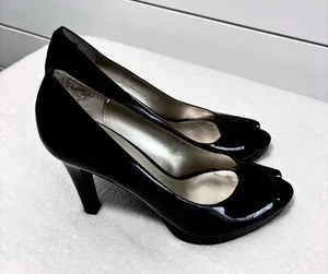 Nine West Black Peep Toe Heels Patent Upper Leather Open Toe Heels Pumps Size 9M thumbnail 1