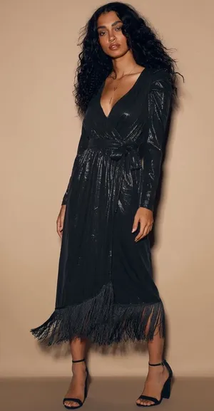 Lulus Dream Big Metallic Puff Long Sleeve Midi Dress in Black Size S thumbnail 1