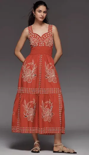 Rails Fawn Terracotta Embroidered Eyelet Midi Dress Red Orange Cotton Large thumbnail 1