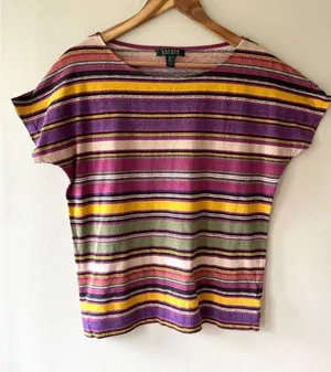 Ralph Lauren Sz M Pullover Striped Cotton Blouse Top Short Sleeves‎ T-Shirt thumbnail 1