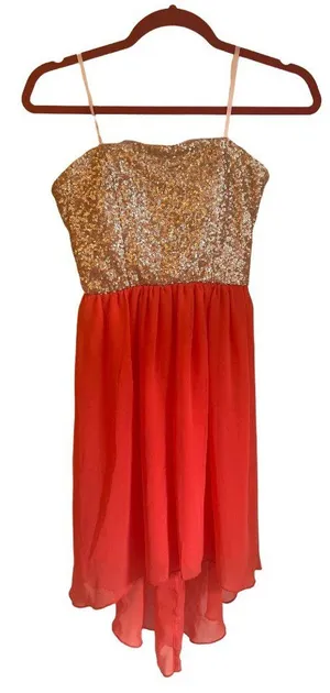 Jodi Kristopher Strapless Sequin Bodice Red Chiffon Dress S thumbnail 1