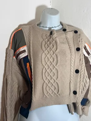 Cable Knit Button-Detail Beige Sweater with Color-Block Sleeve thumbnail 1