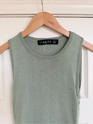 Lioness ShopBop Sleeveless Sage Pastel Green Knit Ruched Side Mini Dress Size XS thumbnail 3
