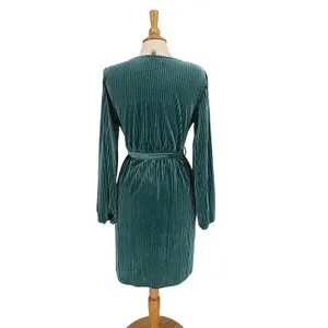 MEROKEETY Teal Ribbed Velvet Wrap Dress Long‎ Sleeve Tie Waist Size Large thumbnail 3