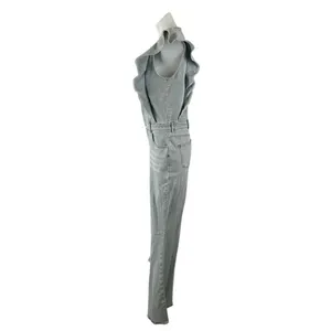 NEW Blue B Retro Ruffle Sleeve Bell Bottom Button Up Denim Jumpsuit Romper Sz L thumbnail 3