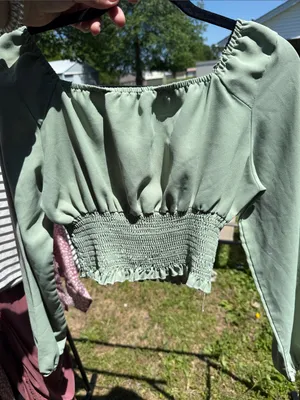 SHEIN Sage Green Smocked Crop Peasant Top thumbnail 4