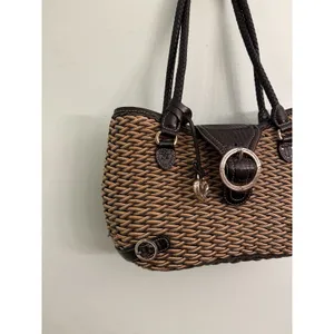 Brighton Woven‎ W/Black Leather Trim Purse Braided Handles Heart Charm thumbnail 2