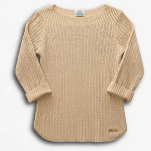 Thackery Tan Beige Ribbed Knit Boat Neck Sweater 3/4 Sleeve Cuffed Hem Size M thumbnail 1