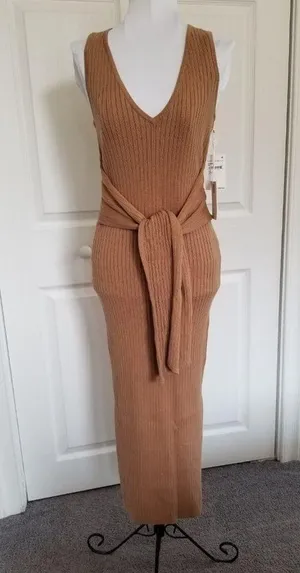 GOOD AMERICAN Sleeveless Rib Knit Tie Waist Midi Dress Taupe Tan Size 2 M thumbnail 4